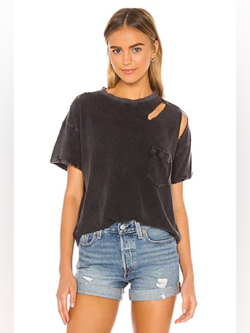 Free People Distressed Rubi Tee Small Charcoal